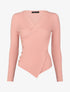 Pull côtelé à col cache-coeur et bord asymétrique - Rose - 1