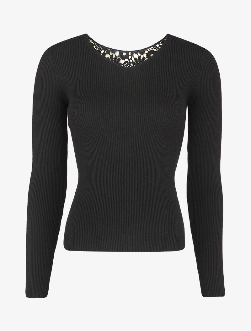 Pull côtelé à dos ajouré en crochet - Noir - 1
