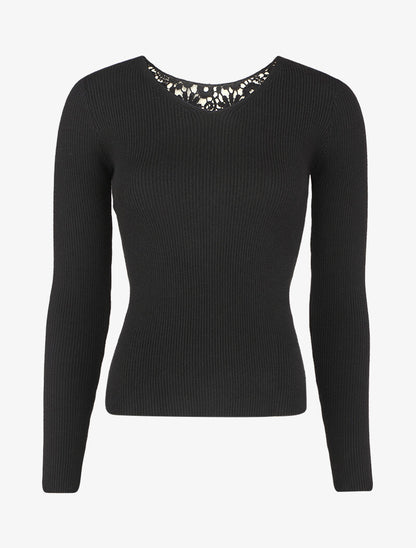 Pull côtelé à dos ajouré en crochet - Noir - 1