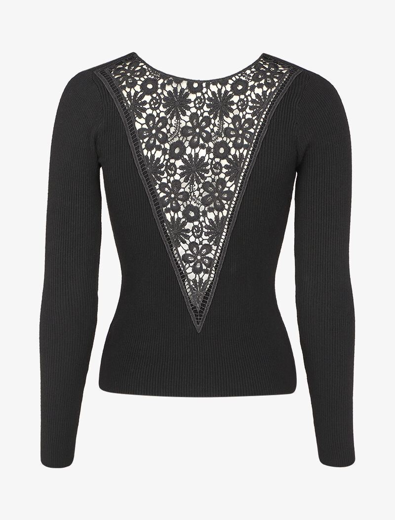 Pull côtelé à dos ajouré en crochet - Noir - 2