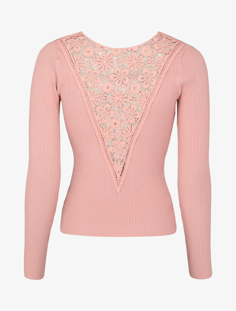 Pull côtelé à dos ajouré en crochet - Rose - 2