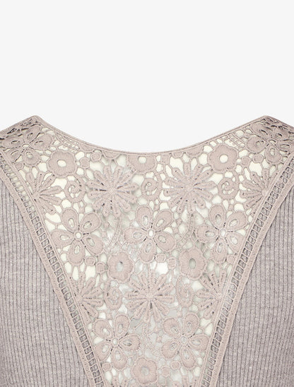 Pull côtelé à dos ajouré en crochet - Gris chiné - 3
