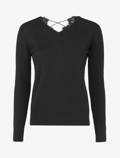 Pull à dos en V ouvert en crochet stylisé ajouré - Noir - 1
