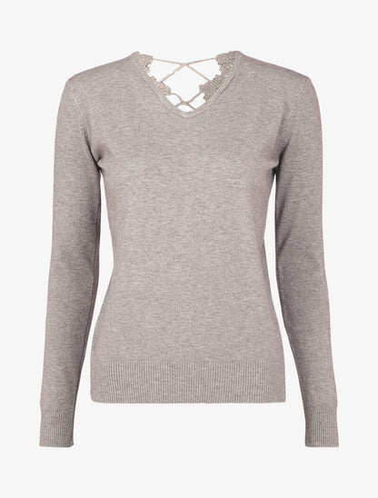 Pull à dos en V ouvert en crochet stylisé ajouré - Gris chiné - 1