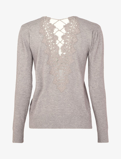 Pull à dos en V ouvert en crochet stylisé ajouré - Gris chiné - 2