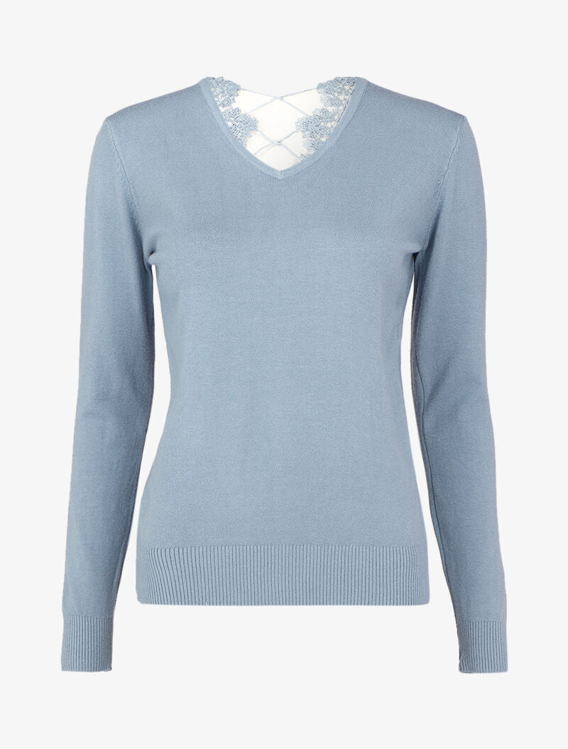 Pull à dos en V ouvert en crochet stylisé ajouré - Bleu - 1