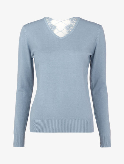 Pull à dos en V ouvert en crochet stylisé ajouré - Bleu - 1