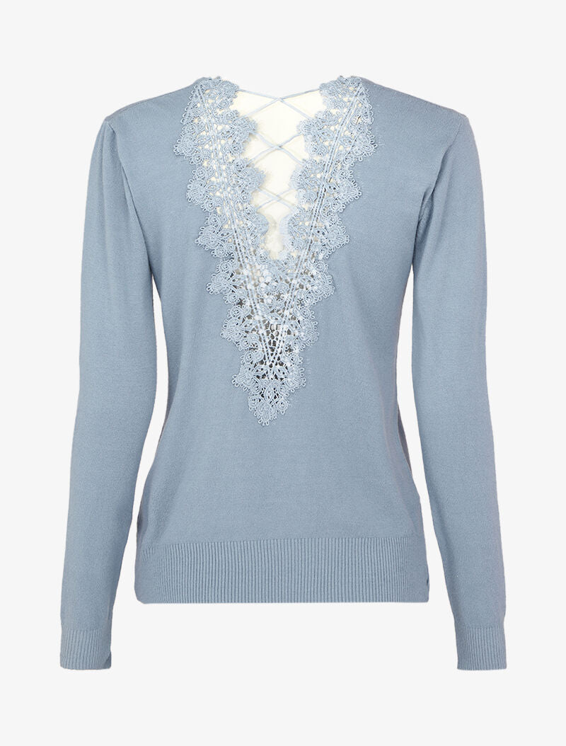 Pull à dos en V ouvert en crochet stylisé ajouré - Bleu - 2