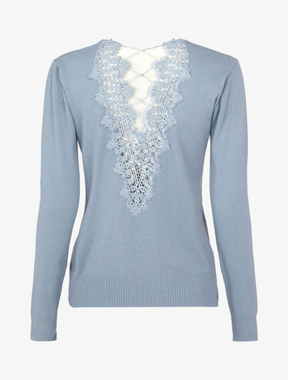 Pull à dos en V ouvert en crochet stylisé ajouré - Bleu - 2