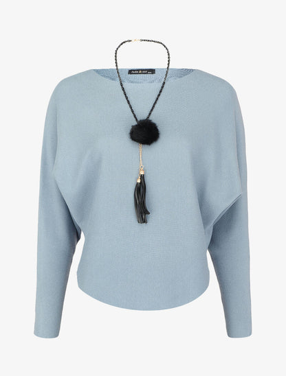 Pull à manches dolman et bords arrondis - Bleu - 1