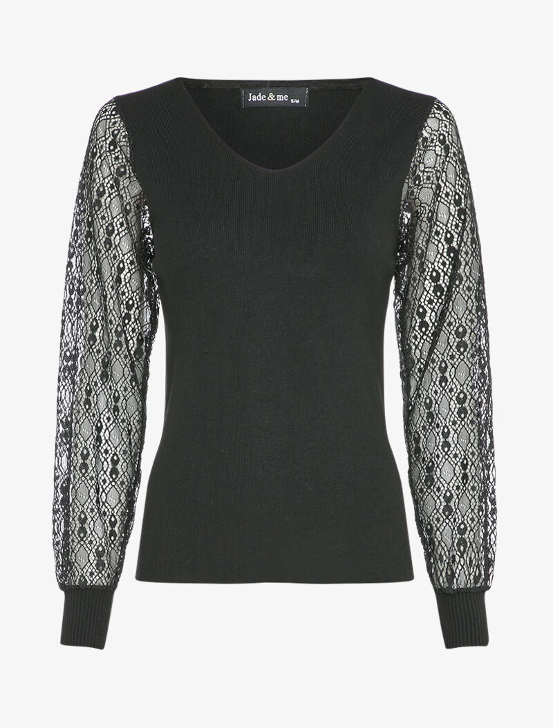 Pull fin à manches en dentelle ajourée - Noir - 4