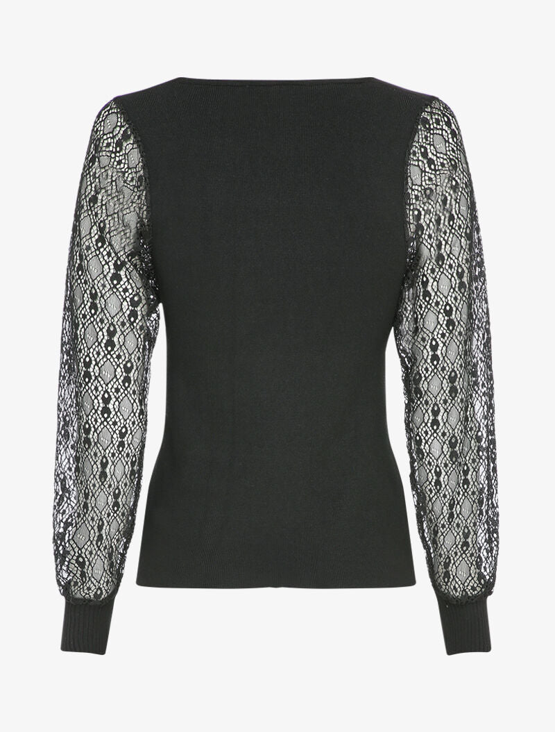 Pull fin à manches en dentelle ajourée - Noir - 2