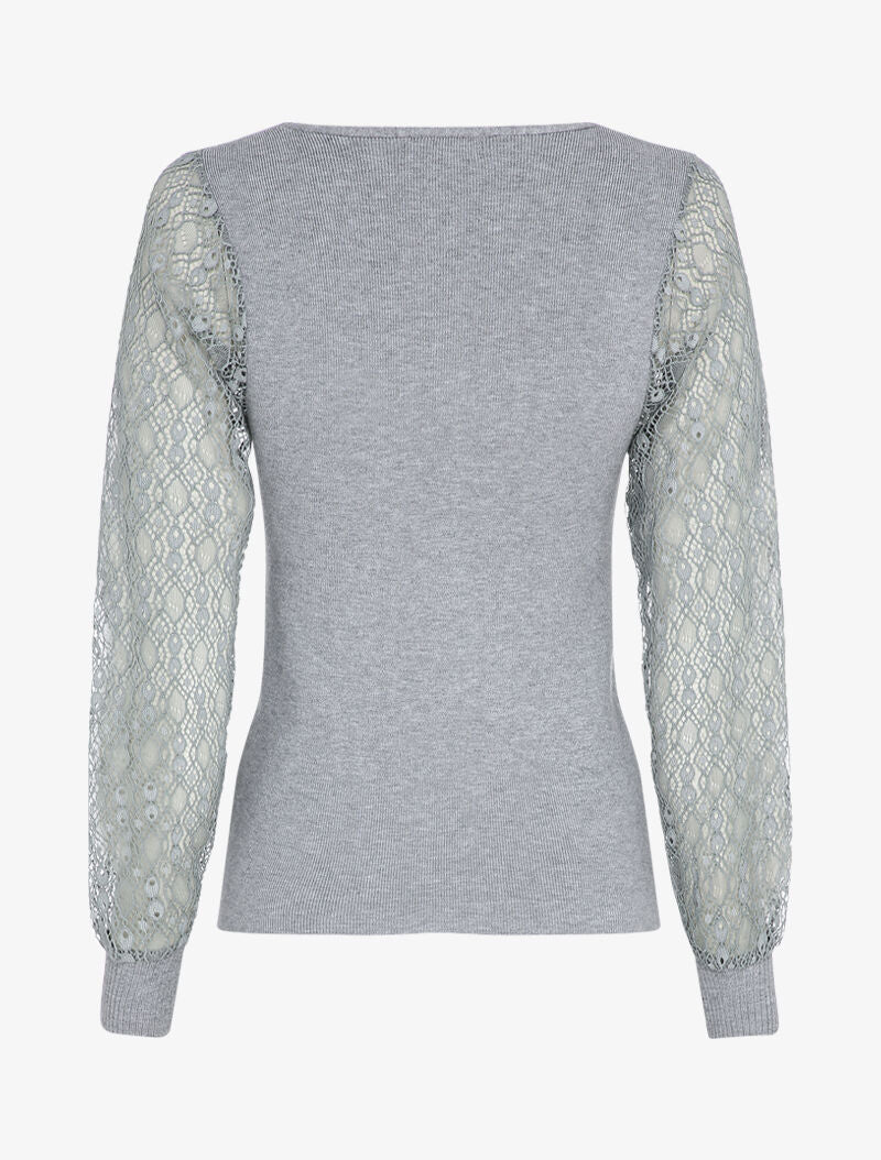 Pull fin à manches en dentelle ajourée - Gris - 2