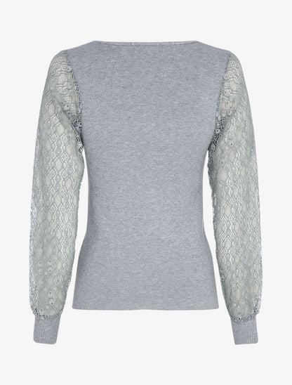 Pull fin à manches en dentelle ajourée - Gris - 2