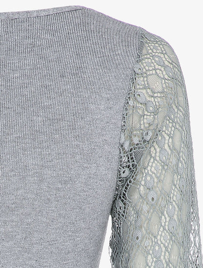 Pull fin à manches en dentelle ajourée - Gris - 3