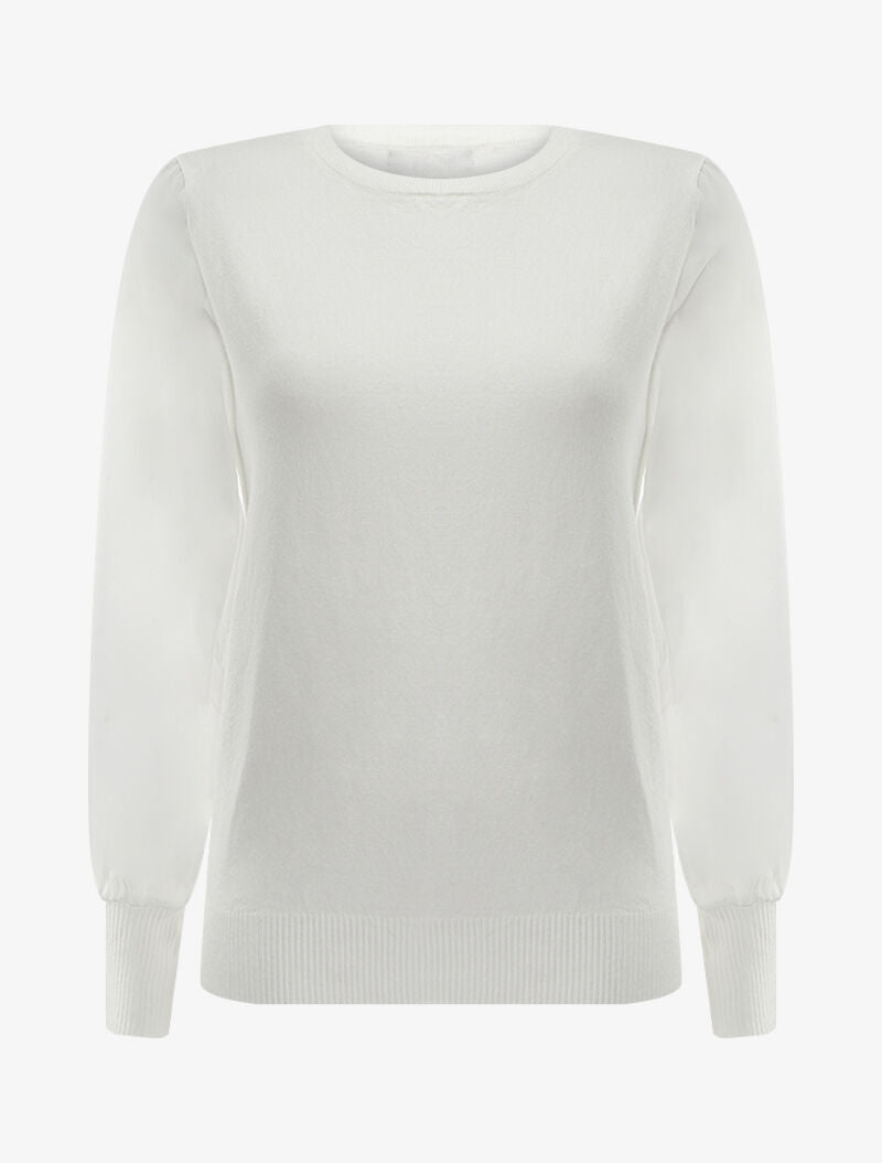 Pull à manches bouffantes en voile transparent - Blanc - 1