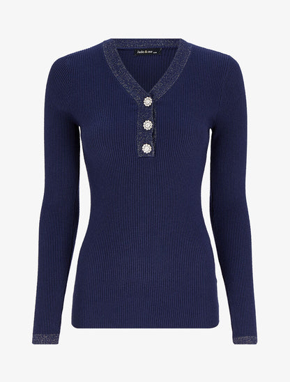 Pull côtelé à col V irisé et boutons en strass - Marine - 1
