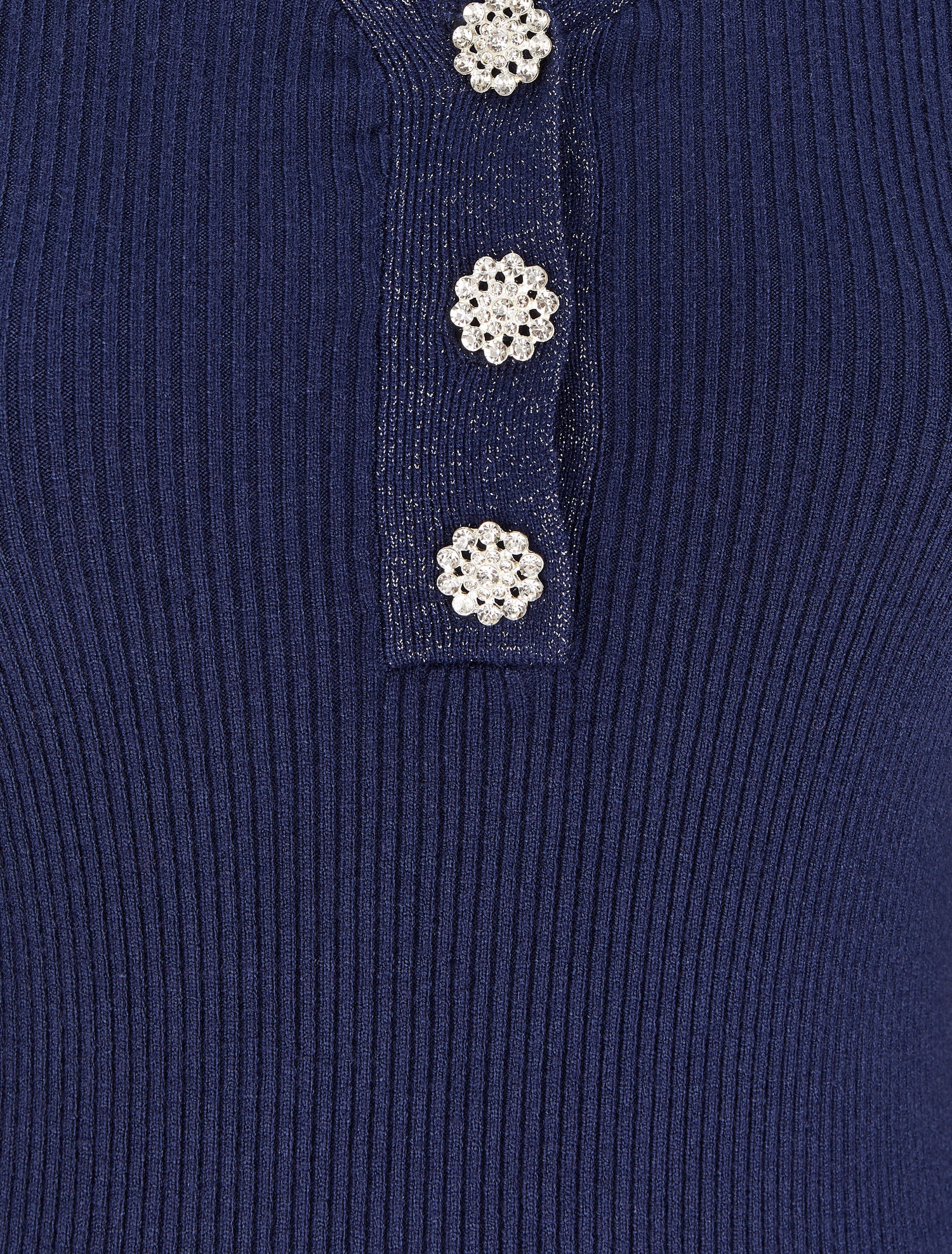 Pull côtelé à col V irisé et boutons en strass - Marine - 3