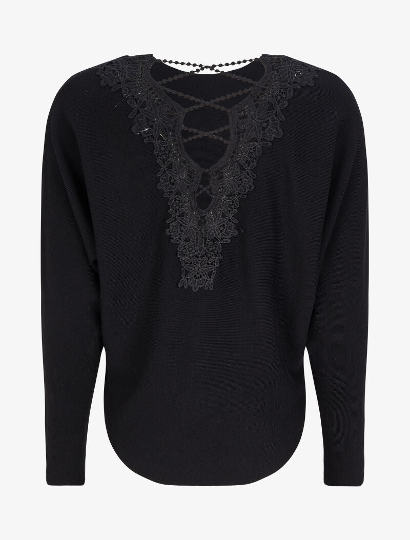 Pull à dos en crochet ajouré et manches dolman - Noir - 2