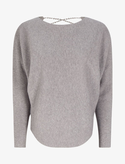 Pull à dos en crochet ajouré et manches dolman - Gris chiné - 1