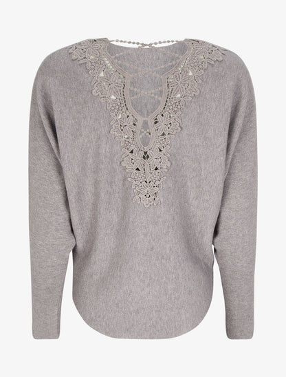 Pull à dos en crochet ajouré et manches dolman - Gris chiné - 2
