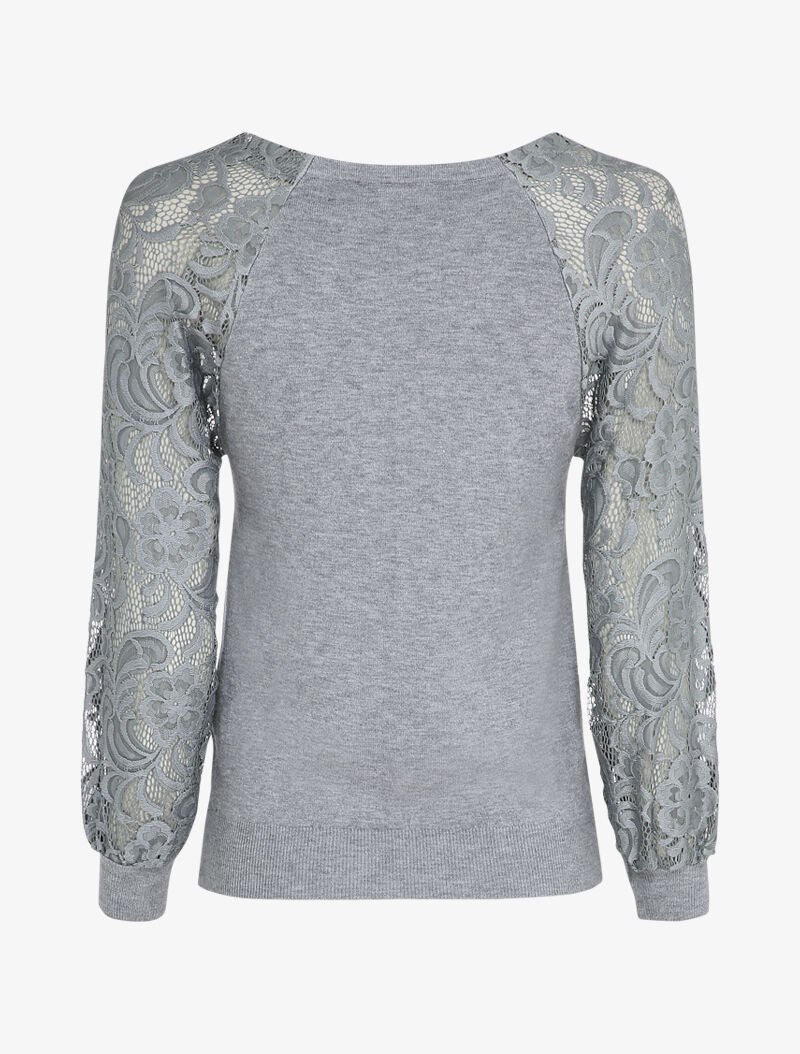 Pull fin à manches brodées - Gris clair - 2