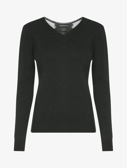 Pull fin à dos en dentelle ajourée - Noir - 4