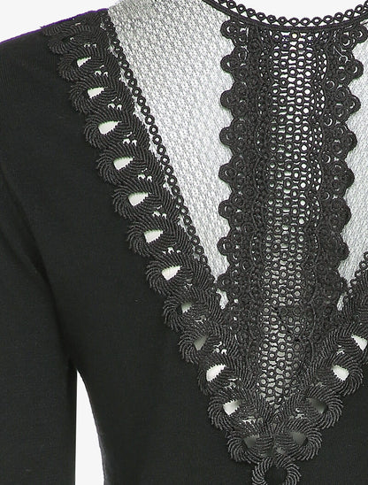 Pull fin à dos en dentelle ajourée - Noir - 3