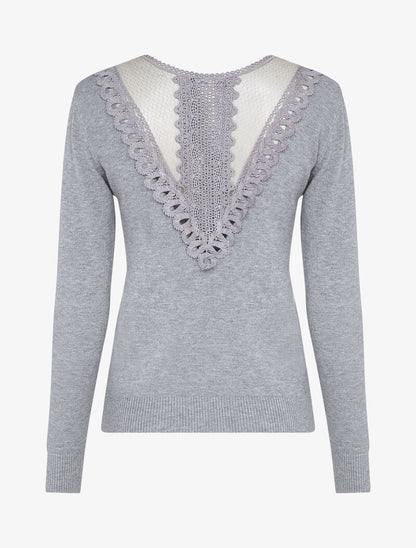 Pull fin à dos en dentelle ajourée - Gris - 2