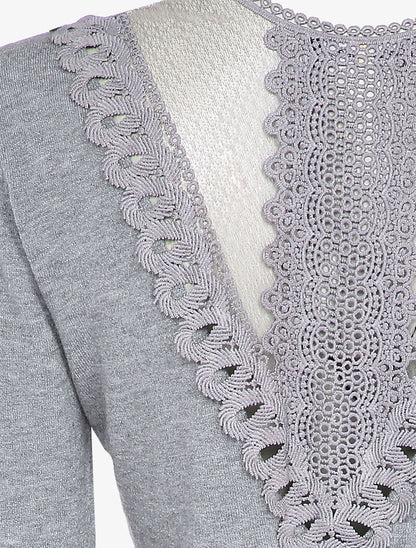 Pull fin à dos en dentelle ajourée - Gris - 3