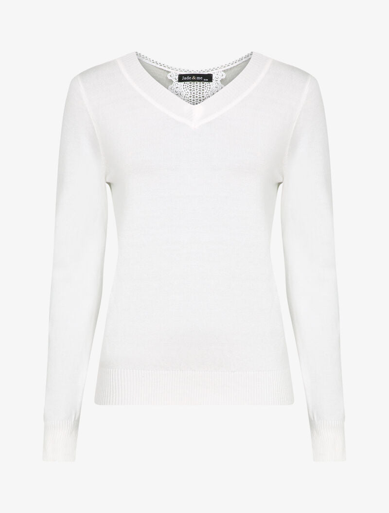 Pull fin à dos en dentelle ajourée - Blanc - 1