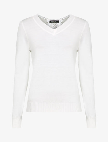 Pull fin à dos en dentelle ajourée - Blanc - 1
