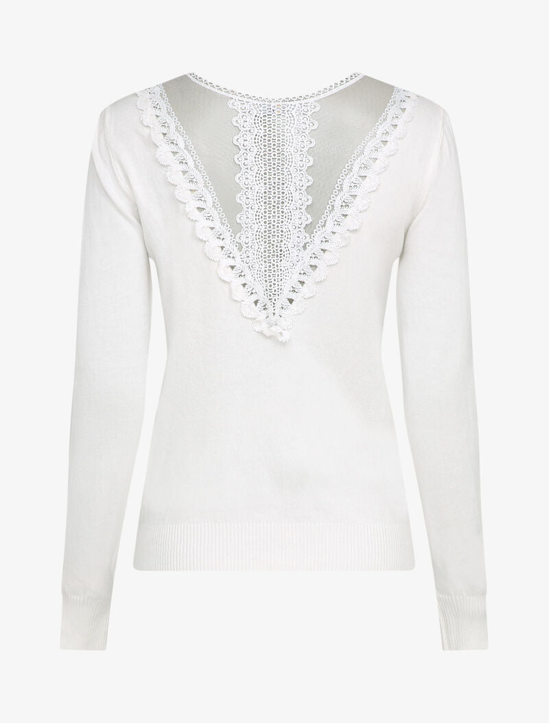 Pull fin à dos en dentelle ajourée - Blanc - 2