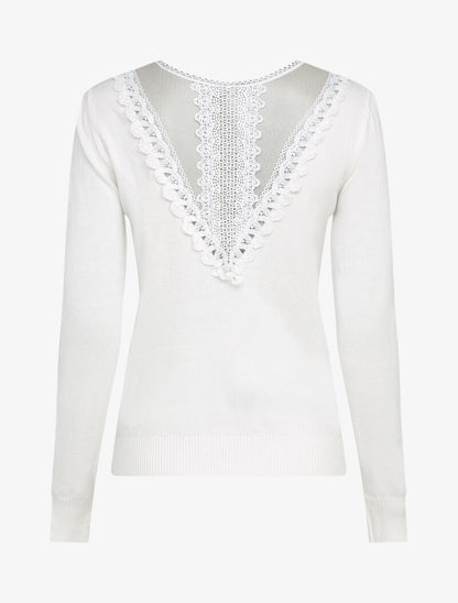 Pull fin à dos en dentelle ajourée - Blanc - 2