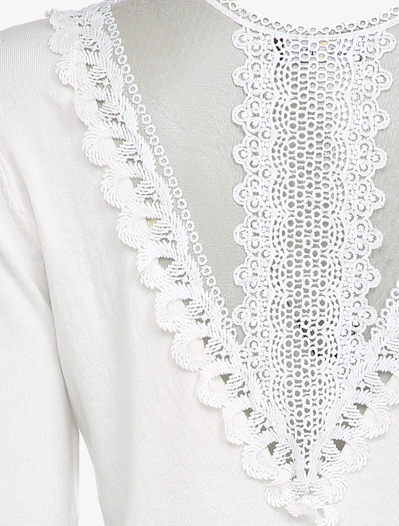 Pull fin à dos en dentelle ajourée - Blanc - 3