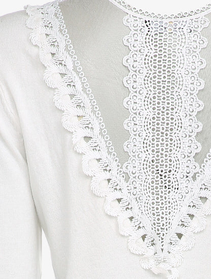 Pull fin à dos en dentelle ajourée - Blanc - 3