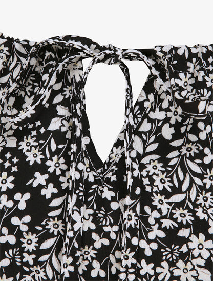 Robe longue à motifs fleuris et taille brodée - Noir - 3