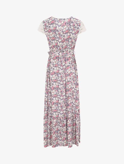 Robe longue empire imprimé tulipe et mancherons crochet - Rose - 2