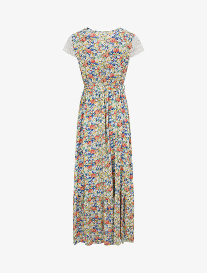 Robe longue empire imprimé tulipe et mancherons crochet - Bleu - 2