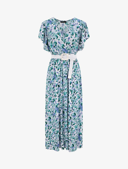 Robe longue empire à manches volantées imprimé aquarelle florale - Vert/bleu - 4