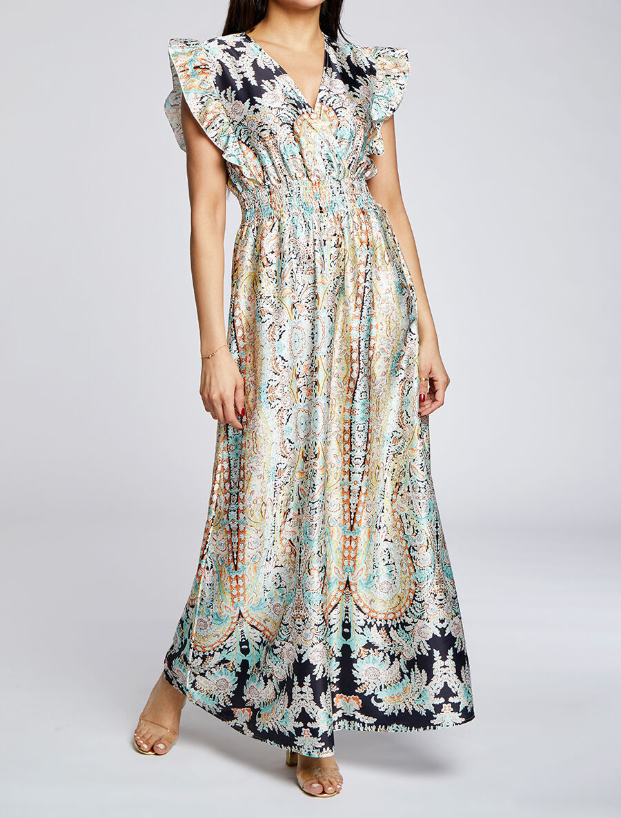 Robe longue empire satinée imprimé cachemire stylisé - Noir - 4