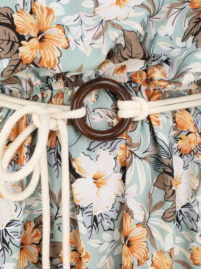 Robe longue imprimé floral à bretelles en cordelettes - Vert d&