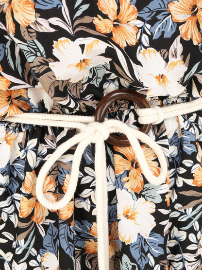Robe longue imprimé floral à bretelles en cordelettes - Marine - 3