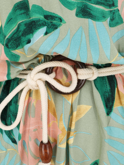Robe longue imprimé feuilles tropicales à bretelles en cordelettes - Vert anis - 3