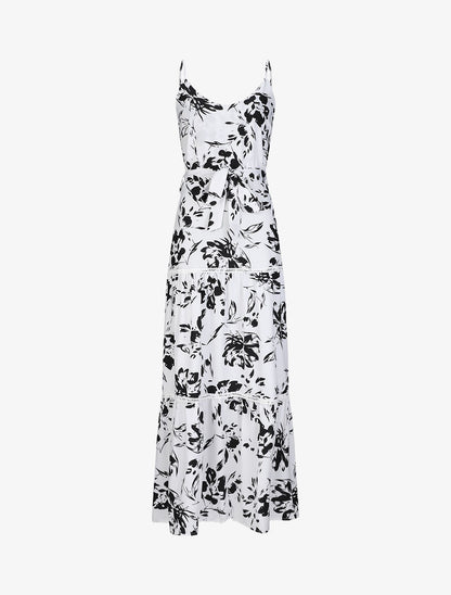Robe longue patineuse imprimé fleurs contrastantes - Blanc - 5