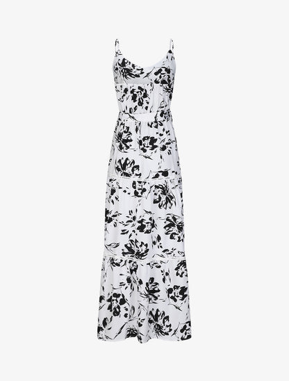 Robe longue patineuse imprimé fleurs contrastantes - Blanc - 2