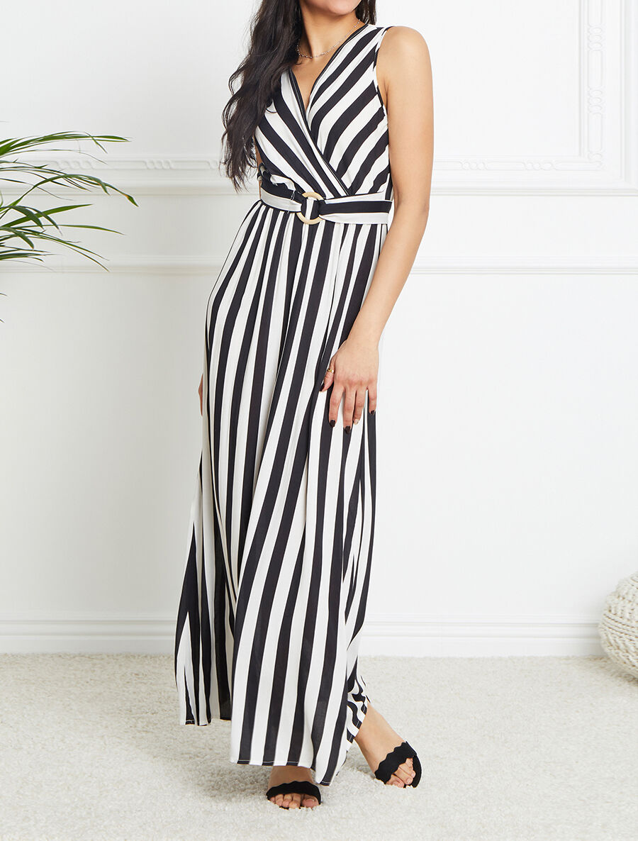 Robe longue empire imprimé rayé - Noir - 4