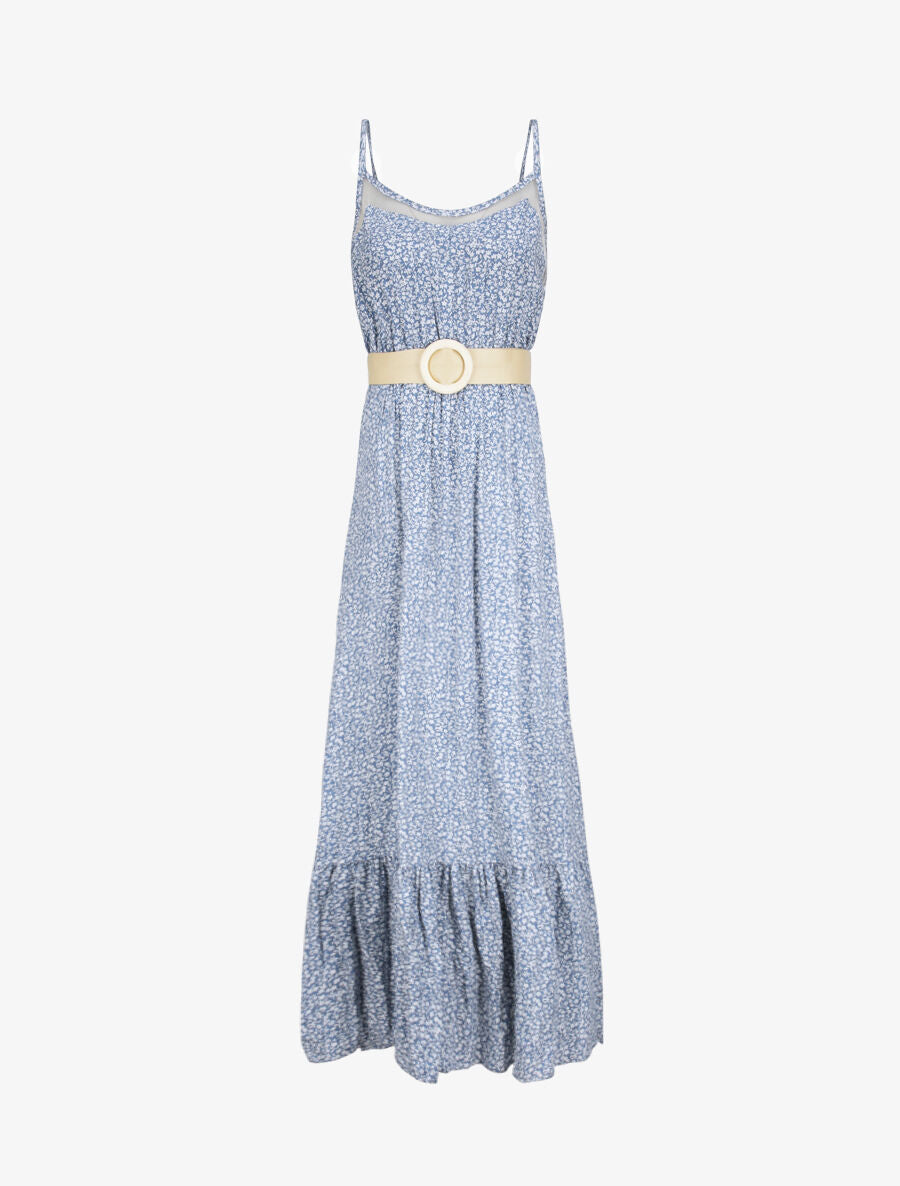 Robe longue à col à détail tulle - Bleu - 6