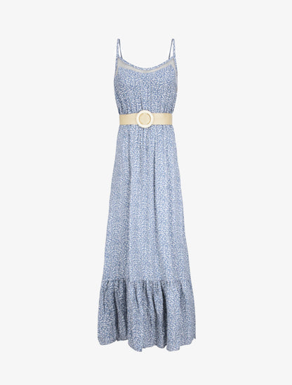 Robe longue à col à détail tulle - Bleu - 6
