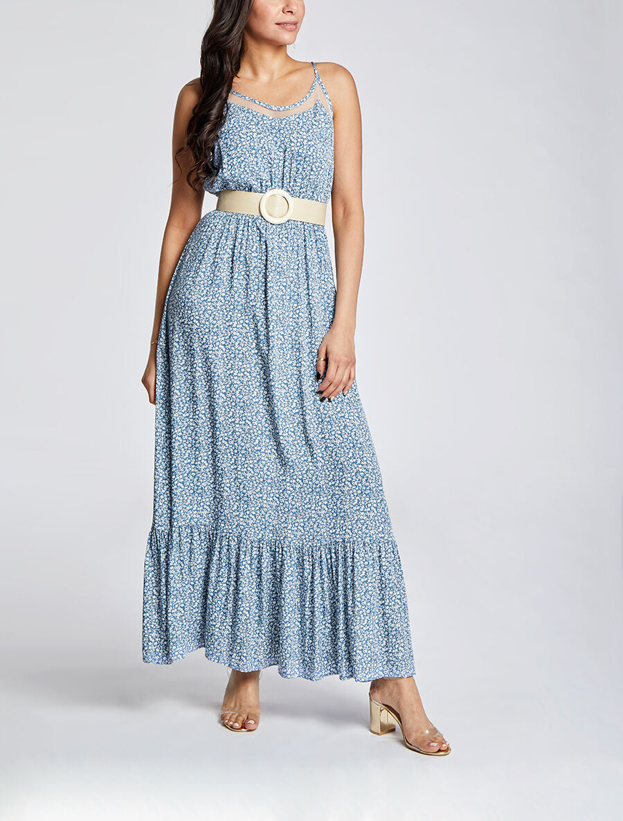Robe longue à col à détail tulle - Bleu - 5